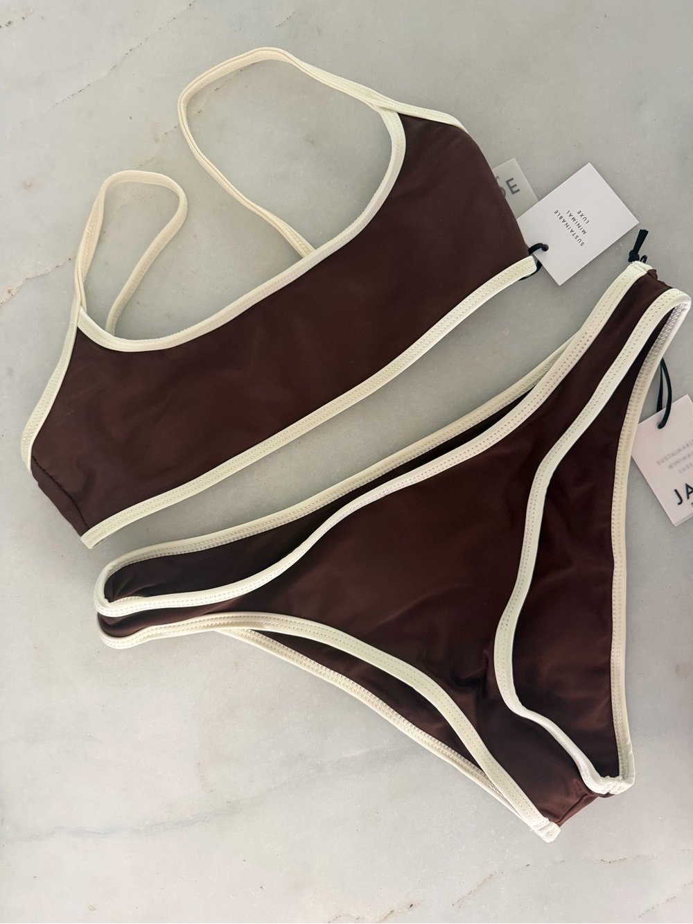 Jade Brown Bikini Set with Cream Trim